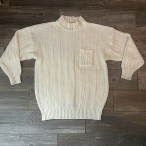 VTG 80s Color Packed Ivory Knit Mock Neck Cable Pocket Sweater Women's Size 40